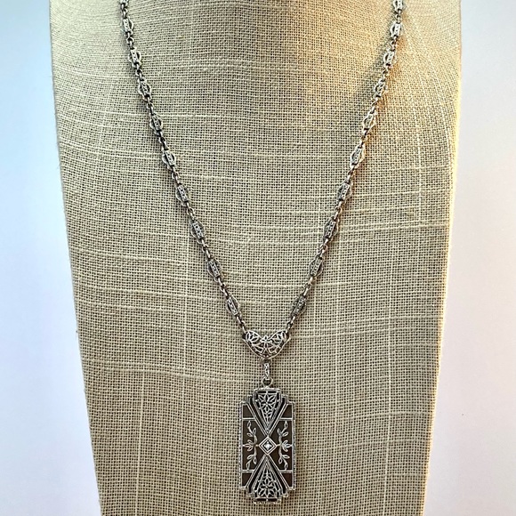 Alluring Vintage Filigree Sterling Silver Diamond and Camphor Glass Necklace - Picture 6 of 6